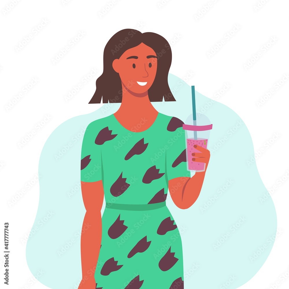 A young woman in a blue dress drinks a smoothie, fresh juice, a cocktail. The concept of proper nutrition, healthy lifestyle. Flat cartoon illustration. A young woman in a blue dress drinks a smoothie, fresh juice, a cocktail. The concept of proper nutrition, healthy lifestyle. Flat cartoon illustration.