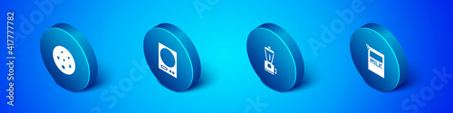 Set Isometric Cookie or biscuit, Electric coffee grinder, Paper package for milk and Electronic scales icon. Vector.