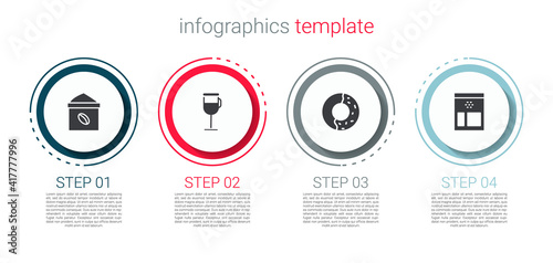 Set Bag of coffee beans, Irish, Donut with sweet glaze and . Business infographic template. Vector.