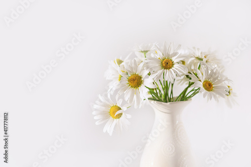 Wallpaper Mural Bouquet of field chamomile flowers in vase on white background. Copy space. Selective focus. Torontodigital.ca