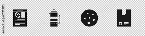 Set Newspaper and coffee, French press, Cookie or biscuit and Bag beans icon. Vector.