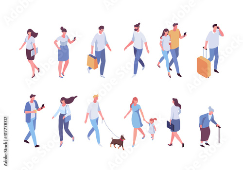 Isometric different people walking. Crowd vector set. Men and women isolated on white background