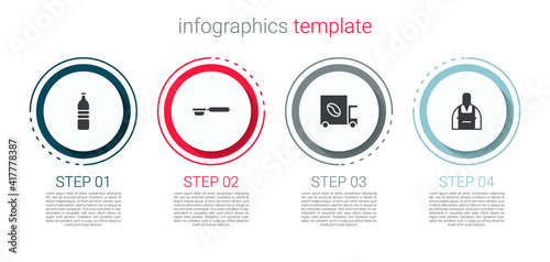 Set Bottle of water, Coffee filter holder, street truck machine and Barista. Business infographic template. Vector.
