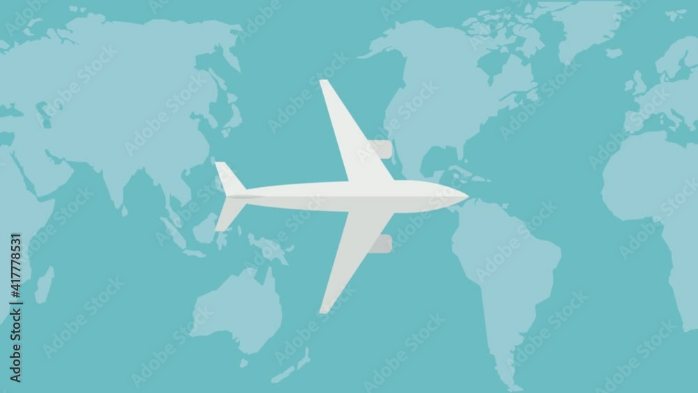 Airplane fly against the background of globe. Animated illustration. Moving world background. Loop footage