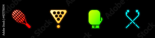 Set Tennis racket, Billiard balls in triangle, Boxing glove and Ice hockey sticks icon. Vector.