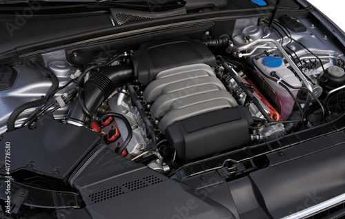 Detailed Car Engine at steel-gray color