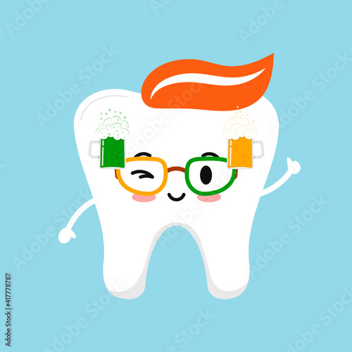 St Patrick day tooth with beer on eyeglasses. Cute dental teeth character with photo booth props eyeglasse glass of splashing beer and ale. Flat design cartoon dentist celebration vector illustration.