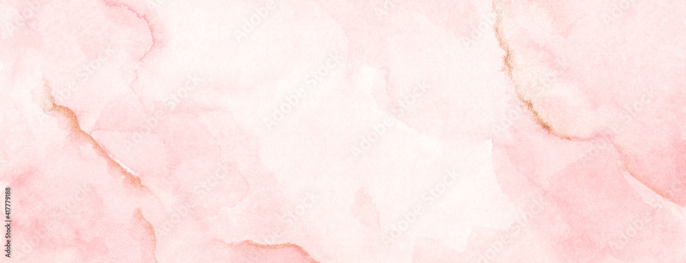 Abstract horizontal background designed with soft tone watercolor stains. Soft pink and gold.