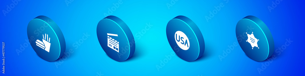 Set Isometric Burger and french fries, USA label, Hexagram sheriff and Movie clapper icon. Vector. Set Isometric Burger and french fries, USA label, Hexagram sheriff and Movie clapper icon. Vector.