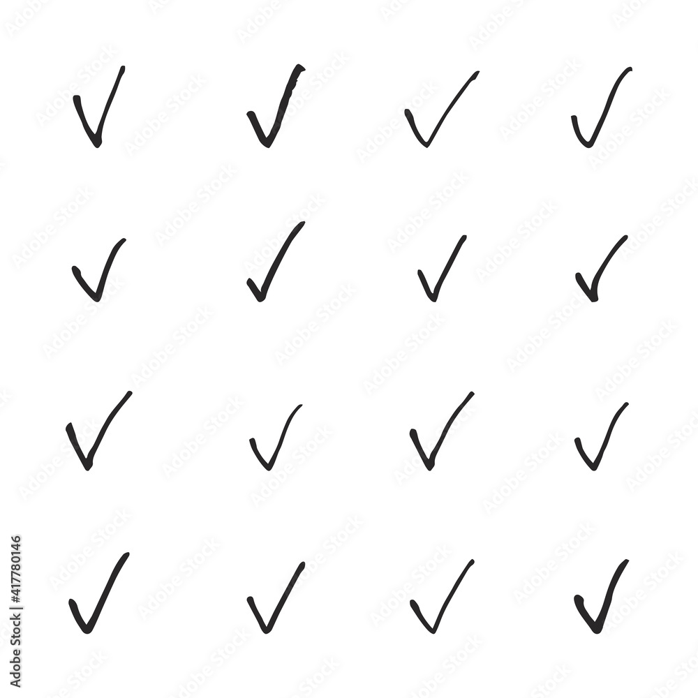 Handdrawn check marks set. Vector illustration of 16 different symbols isolated on white background. Handdrawn check marks set. Vector illustration of 16 different symbols isolated on white background.