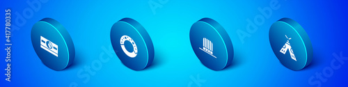 Set Isometric Stacks paper money cash, Patriotic American top hat, Indian teepee or wigwam and Donut icon. Vector.
