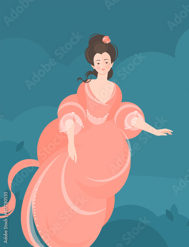 A girl in a fluffy coral dress of the 18-19th century soars in the air. Hair is developing. Cute portrait. Colorful vector illustration in flat cartoon style.