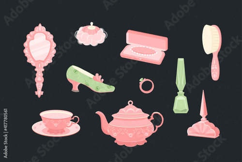 A set of care items for a queen or princess. Mirror, hairbrush, perfume, box with pearl beads, ring, shoe, puff, hairbrush. As well as a kettle and a pink tea mug. Vector illustration in flat style.