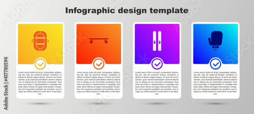 Set Rafting boat, Longboard or skateboard, Ski and sticks and Boxing glove. Business infographic template. Vector.