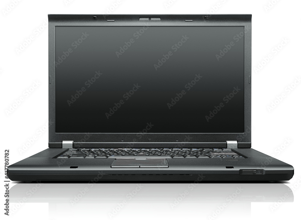 Laptop isolated on white black display - front view Laptop isolated on white black display - front view