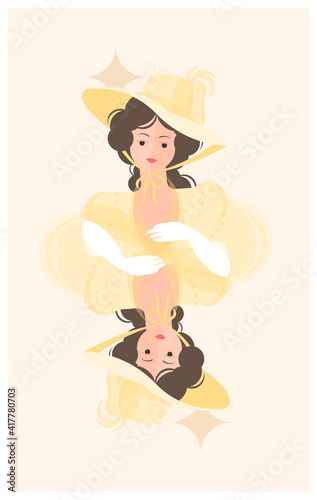 Postcard with Queen in a yellow fluffy dress and a big hat of the 18-19th century. Colorful vector illustration in flat cartoon style.