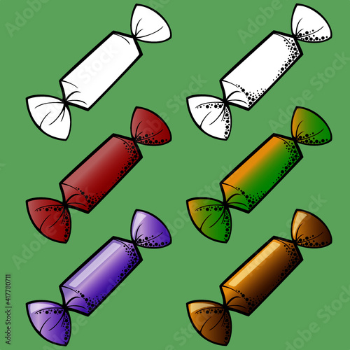 Vector illustration, Set of Long Candy wrapper in black and white and color with texture and without texture