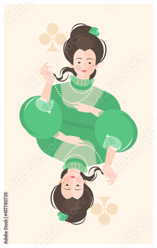 Postcard with Queen in green fluffy dress of the 18-19th century. Colorful vector illustration in flat cartoon style.