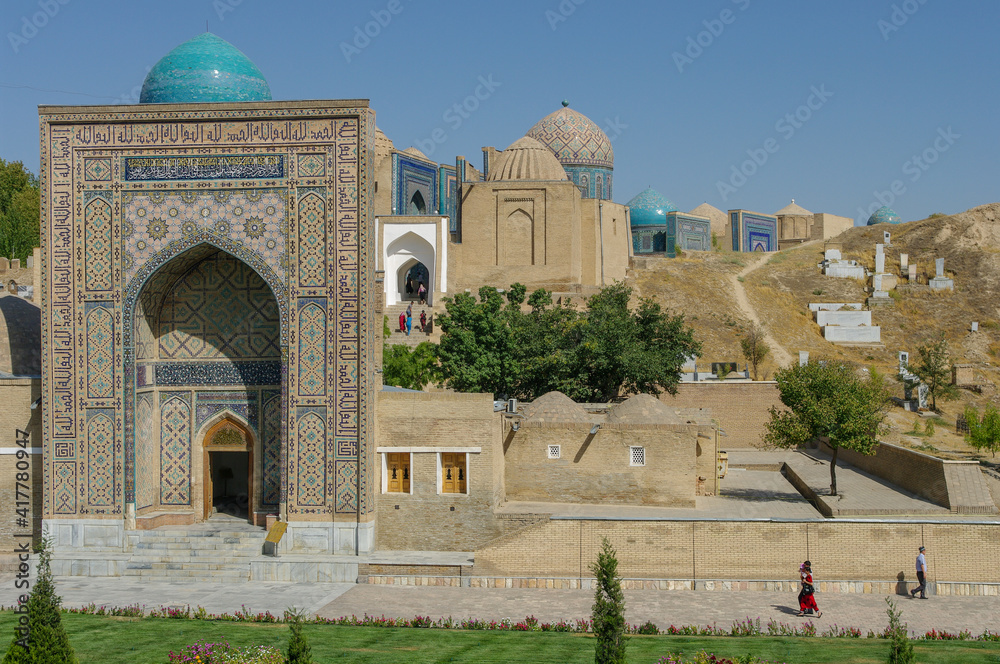 Street view of beautiful medieval Shah-i-Zinda mausoleum complex in UNESCO listed Samarkand, Uzbekistan
