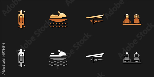Set Longboard or skateboard, Jet ski, Hang glider and Snowboard icon. Vector.
