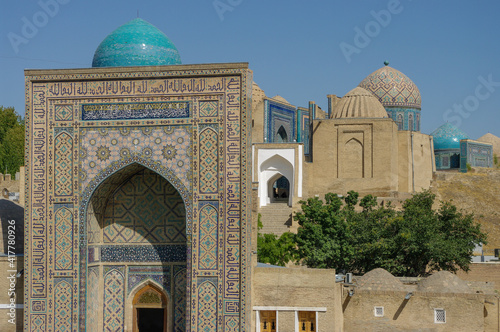 View from the outside of ancient Shah-i-Zinda necropolis, a mausoleum complex in UNESCO listed Samarkand, Uzbekistan