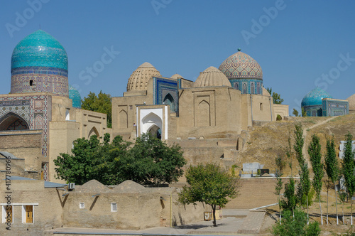 Panorama view of medieval Shah-i-Zinda necropolis from the exterior in UNESCO listed Samarkand, Uzbekistan
