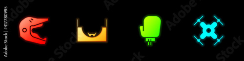 Set Motocross motorcycle helmet, Skate park, Boxing glove and Drone flying icon. Vector.