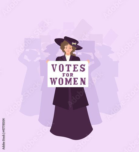 A suffragette woman in a coat and a hat leads the crowd with a "Rights for Women" poster from the 1920s. The ribbon is white, green and purple. Solidarity and strength. Vector flat illustration.
