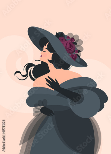 A girl in a gray fluffy dress and gloves of the 18-19th century stands. Black hair develops in the wind. Colorful vector illustration in flat cartoon style.