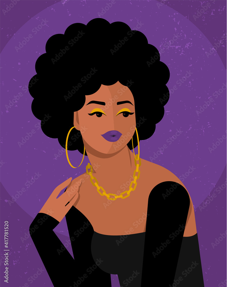 Young beautiful dark-skinned woman with a magnificent afro hairstyle. Large hoop earrings and gold chain around the neck. Very cute, playful, danceable and flirty. Vector flat illustration. Young beautiful dark-skinned woman with a magnificent afro hairstyle. Large hoop earrings and gold chain around the neck. Very cute, playful, danceable and flirty. Vector flat illustration.