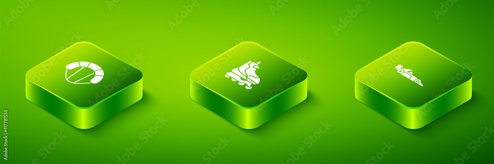 Set Isometric Roller skate, Formula 1 racing car and Parachute icon. Vector. Set Isometric Roller skate, Formula 1 racing car and Parachute icon. Vector.