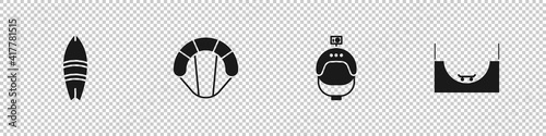 Set Surfboard, Parachute, Helmet and action camera and Skate park icon. Vector.