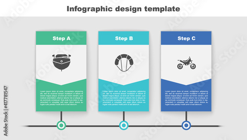 Set Speedboat, Parachute and Mountain bike. Business infographic template. Vector.