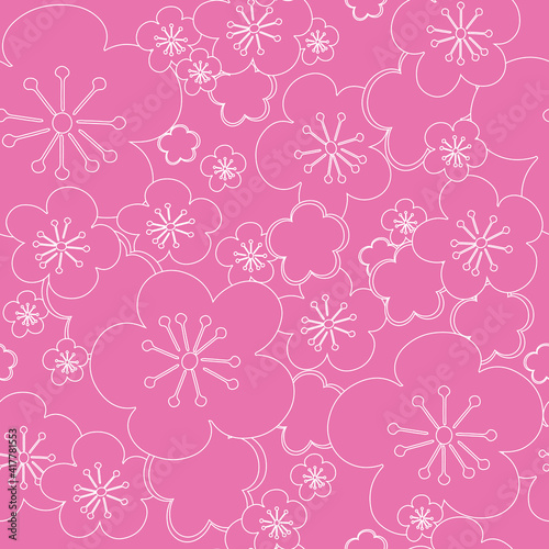 Vector pastel pink seamless background white blossoming cherry flower sakura. White contour lines and strokes. Seamless pattern background