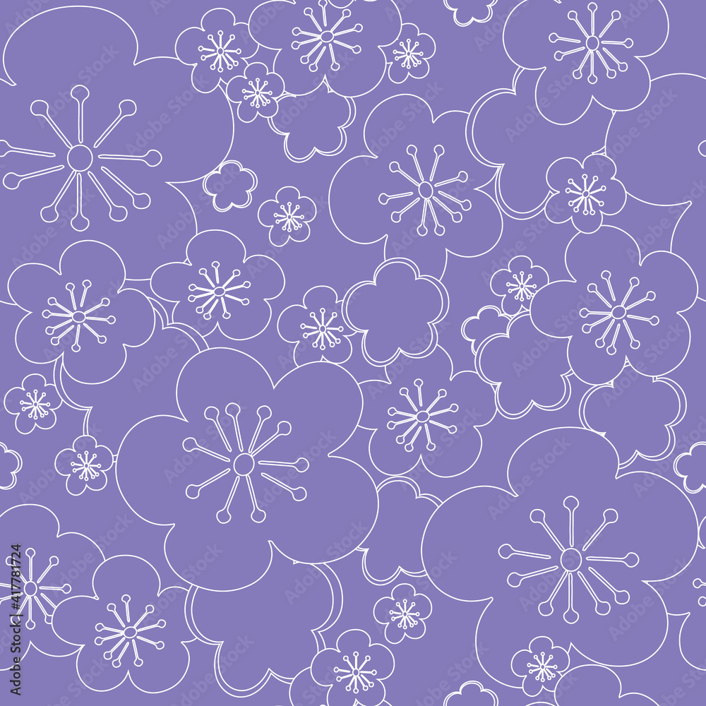Vector purple seamless background white blossoming cherry flower sakura. White contour lines and strokes. Seamless pattern background