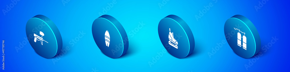 Set Isometric Paintball gun, Skates, Aqualung and Surfboard icon. Vector.