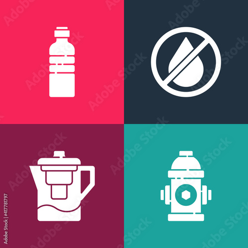 Set pop art Fire hydrant, Water jug with filter, drop forbidden and Bottle of water icon. Vector.