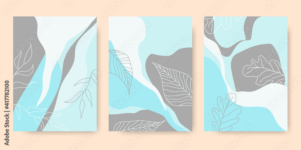abstract modern leaves shapes. Set of creative minimalist. postcard or brochure cover design.
