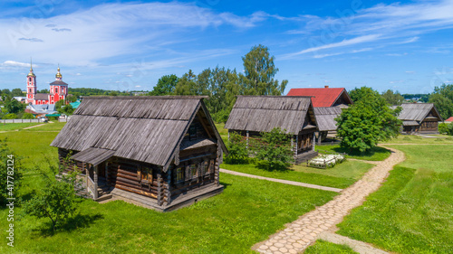 Wooden huts in the Russian village