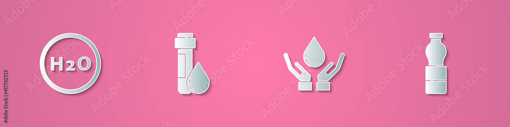 Set paper cut Chemical formula for H2O, Test tube with water drop, Washing hands soap and Bottle of icon. Paper art style. Vector. Set paper cut Chemical formula for H2O, Test tube with water drop, Washing hands soap and Bottle of icon. Paper art style. Vector.