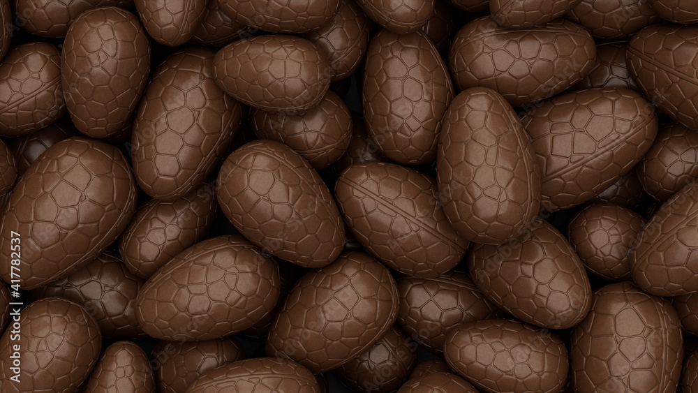 Chocolate Easter Egg background. Easter Wallpaper showing a collection of Chocolate Eggs. 3D Render Chocolate Easter Egg background. Easter Wallpaper showing a collection of Chocolate Eggs. 3D Render