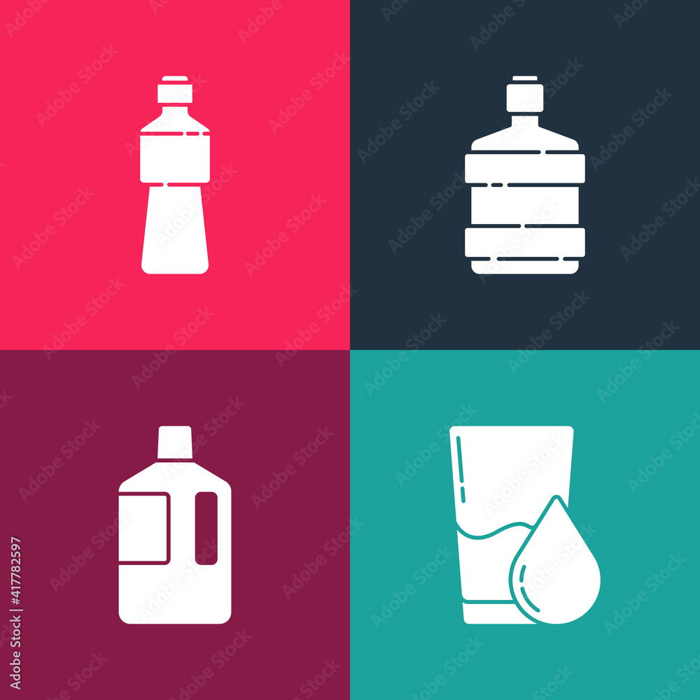 Set pop art Glass with water, Big bottle clean, and Bottle of icon. Vector. Set pop art Glass with water, Big bottle clean, and Bottle of icon. Vector.