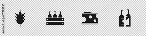 Set Hop, Bottles of wine in a wooden box, Cheese and icon. Vector.