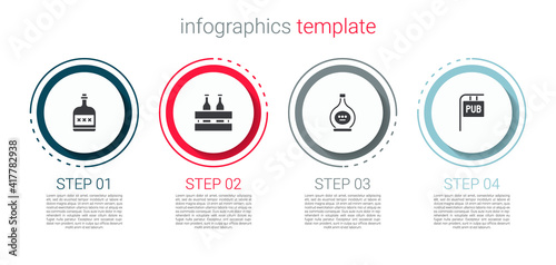 Set Alcohol drink Rum bottle, Pack of beer bottles, Bottle cognac or brandy and Street signboard with Pub. Business infographic template. Vector.