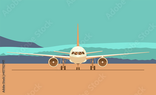 Jet plane on the background of an abstract landscape. Front view. Vector flat style illustration.