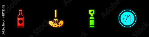 Set Beer bottle, Pickled cucumber on a fork, Bottle opener and Alcohol 21 plus icon. Vector.