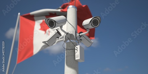 Flag of Canada and four security cameras, 3d rendering