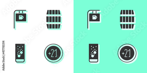 Set Alcohol 21 plus, Street signboard with Bar, Effervescent tablets in water and Wooden barrel icon. Vector.
