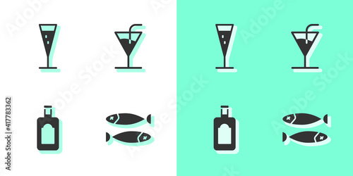 Set Dried fish, Glass of champagne, Whiskey bottle and Cocktail icon. Vector.