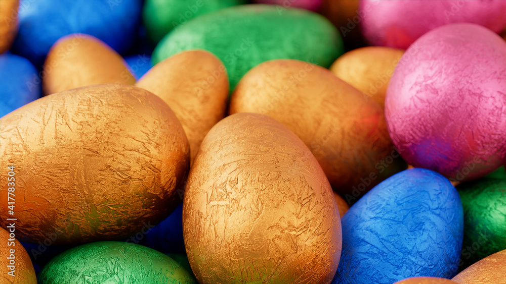Multicolored, foil wrapped Easter Egg background. Beautiful Easter Wallpaper  with vibrant Blue, Orange and Pink Eggs. 3D Render Stock Illustration |  Adobe Stock